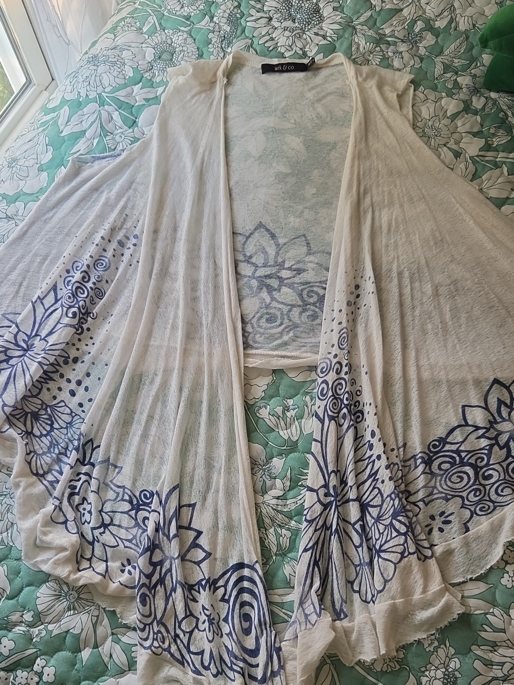 Ark & Co Cream Sleeveless Cardigan with Navy Floral Border